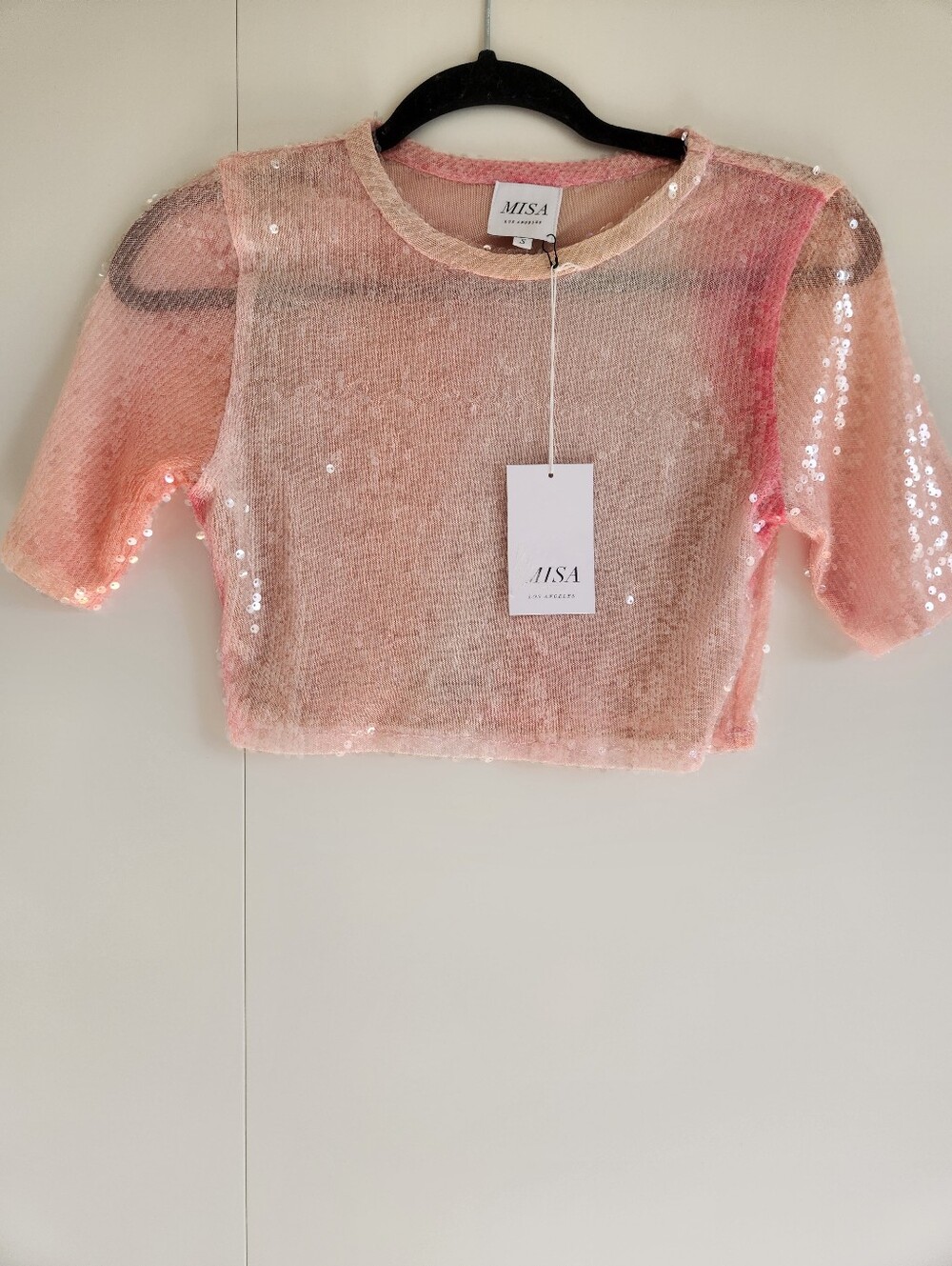 Misa Los Angeles Pink Sequin Cropped Knit Top